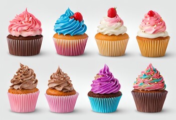 Assortment of colorful cupcakes, isolated on white background. This vibrant collection set features a variety of delicious, beautifully decorated cupcakes perfect for any occasion.