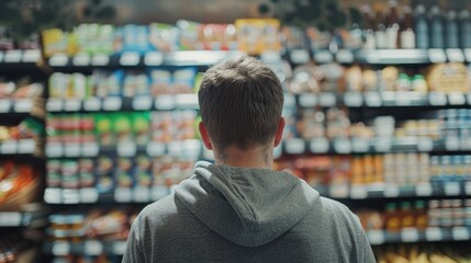 Man in supermarket aisle contemplating choices