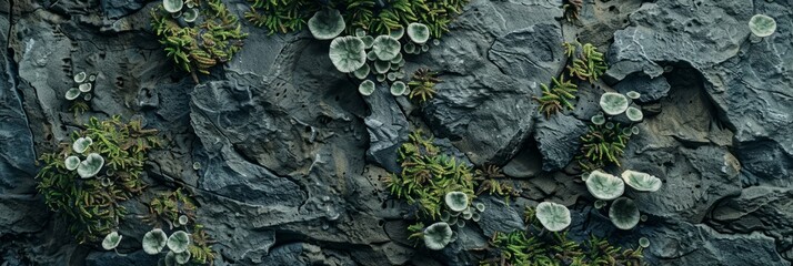 Obraz premium Green moss and white lichens grow on a dark grey rocky surface