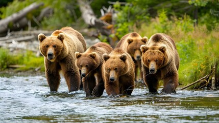 Group of Alaskan brown bears fishing in river