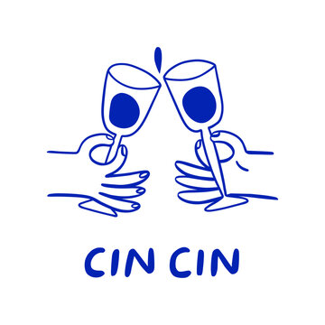 Hands holding wine glasses. Illustration in hand drawn style.