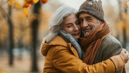 Fototapeta premium In a park, a man and a woman hug warmly, exuding happiness and love, amidst nature