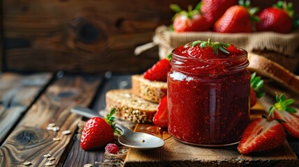 Scrumptious strawberry jam in a glass jar with fresh strawberries and bread slices on a wooden table