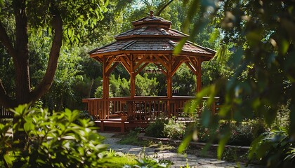 Wooden gazebo in the park. Summer landscape.