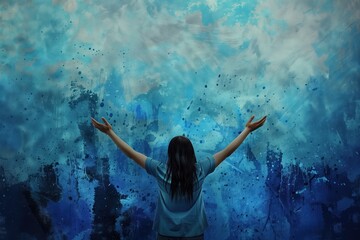 Asian woman stands in front of blue wall with colorful brushstrokes. She raises arms to sky in worship. Vibrant mural provides artistic background. Christian woman prays on canvas-like surface.