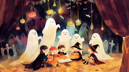 Magical watercolor scene of a Halloween storytelling session with kids in costumes, surrounded by ghosts and an open section for text
