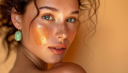 Woman with a radiant complexion using a jade roller