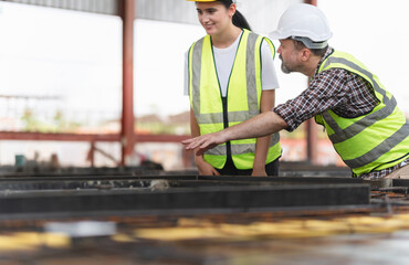 Caucasian site manager and builder inspect the construction site, Engineer and worker team meeting for planning project at the precast concrete factory site