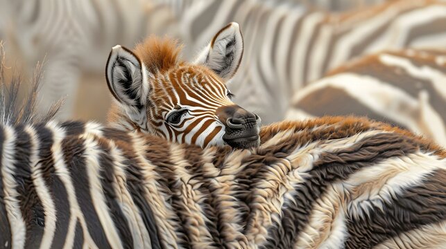 Zebra foal resting its head on the back