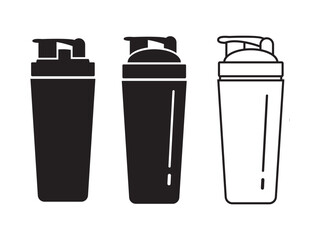 Shaker bottle icon set. Protein shake, smoothie. Vector for sports nutrition concept icon, Standing and shaking motion process blender cups.