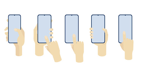 Phone, smartphone, mobile phone in hands. Set of pictures on a white background. Front view, flat style, mockup. Concept - for advertising a mobile application, banner, instructions, newsletter.