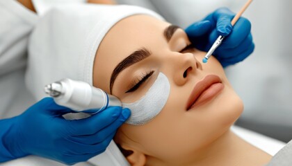 Naklejka premium Woman receiving microdermabrasion treatment, spa healthy skin, exfoliating skincare