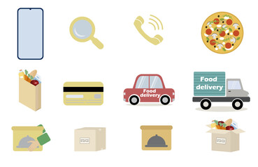 Food delivery icons set. Smartphone, magnifier, call, pizza, food bag, car, truck, credit card, food box. Vector in flat style isolated on white background. Concept for delivery food,  pizza, sushi.