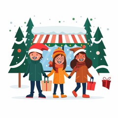 Fototapeta premium Three people are walking in the snow, one of them is wearing a red hat
