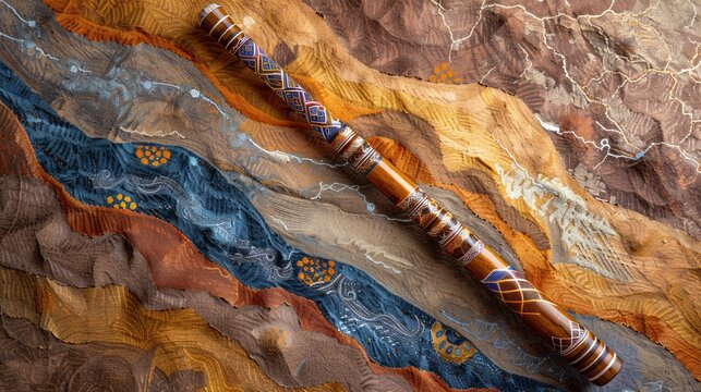A didgeridoo against a background featuring modern interpretations of desert colors and patterns