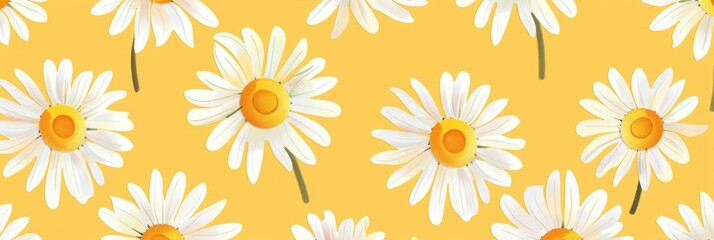 A pattern featuring white daisies with yellow centers on a bright yellow background