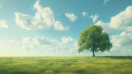 Obraz premium Solitary Tree in Lush Green Field under Blue Sky