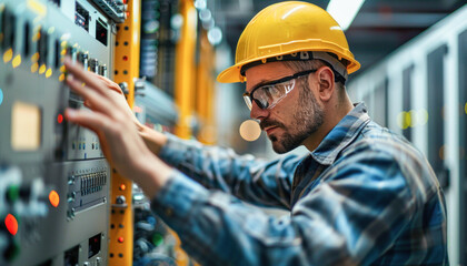 In a factory, a man is using a machine while wearing a hard hat and safety glasses