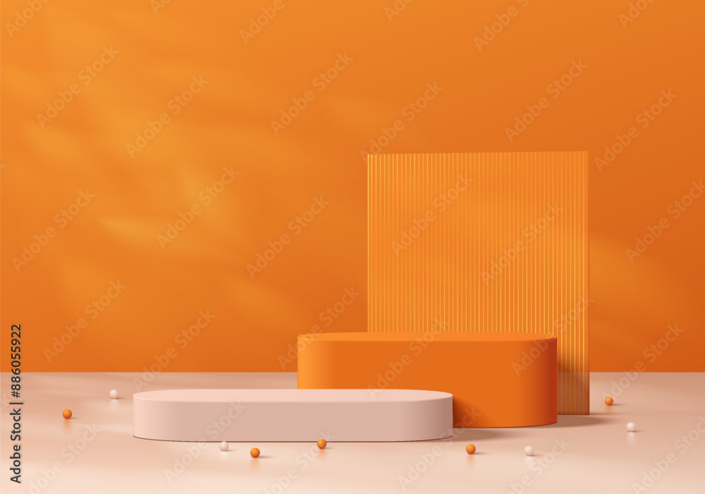 Canvas Prints realistic orange 3d round podium background with square backdrop, leaf light scene. minimalist mocku