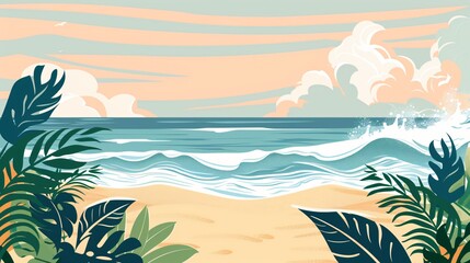 A minimalist beach scene with clean lines, featuring waves, sand, and tropical plants in contemporary colors