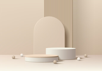 Realistic 3D beige cylindrical podium background with ball, Arch backdrop scene. Minimalist 3D mockup pedestal, Abstract product display presentation, Stage showcase. Platforms vector geometric design