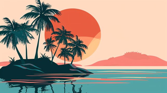 A minimalist depiction of a tropical island with clean lines and geometric shapes in bright colors