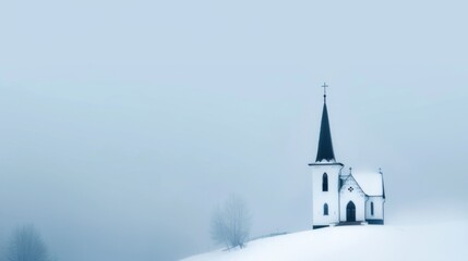 Church Silhouette, Misty Village Landscape View