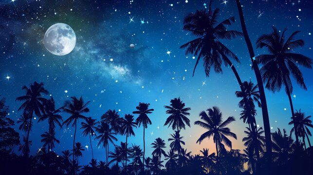 A modern tropical scene with silhouetted palm trees against a vivid, star-filled night sky with a glowing moon