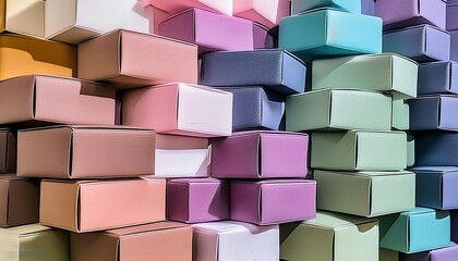 lots of stacks of colorful cardboard shoe boxes. concept of delivery and ordering or online shop