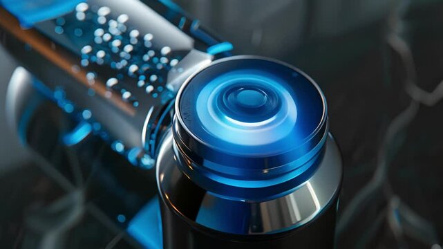 Closeup of the sensor on the side of the bottle which detects the amount of water inside and syncs with a hydration tracking app.