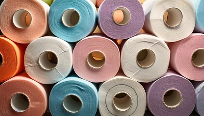 full screen lots of piles of colorful tissue rolls or towels