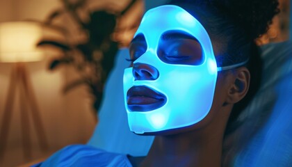 Woman under LED light therapy mask, spa healthy skin, advanced skincare technology