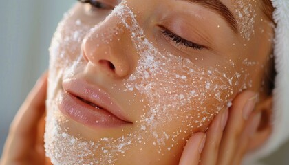 Close-up of woman exfoliating her face, spa healthy skin, gentle skin exfoliation