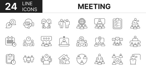 Collection of 24 meeting line icons featuring editable strokes. These outline icons depict various modes of meeting, management, leader, manager, seminar, meet, 