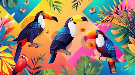 Naklejka premium Exotic tropical birds like toucans and parrots set against a geometric, colorful background