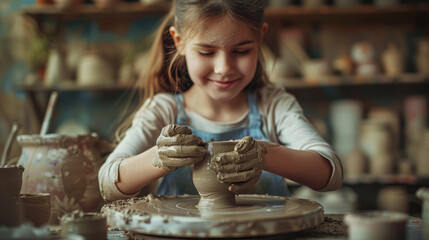 A girl makes a pitcher out of clay.