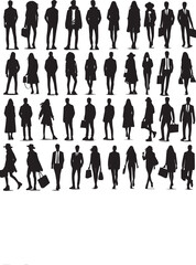 silhouettes of men and a women, a group of standing business people, black color isolated on white background vector and white