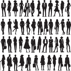 silhouettes of men and a women, a group of standing business people, black color isolated on white background vector and white