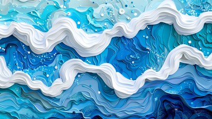 Obraz premium Stylized, modern ocean waves with vibrant hues of blue, turquoise, and aqua, accented with white foam