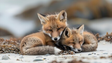Wild baby red foxes cuddling at the beach