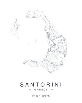 Santorini minimalist map with highways and streets. Printable Greece map for decoration