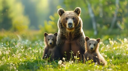 Obraz premium Brown bear (Ursus arctos) mother with two cubs on green