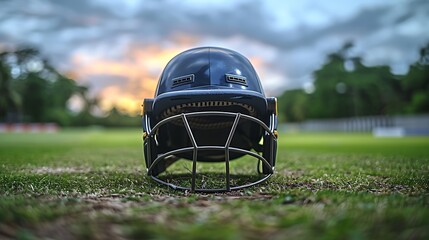 A cricket batting helmet with a robust protective grill, set against the backdrop of a lush green cricket field. The focus is on safety and precision in the sport.