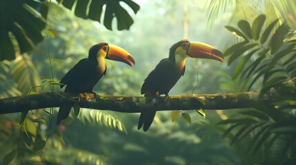 Two toucan tropical birds sitting on a tree branch