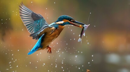 Common European Kingfisher flying with fish catch
