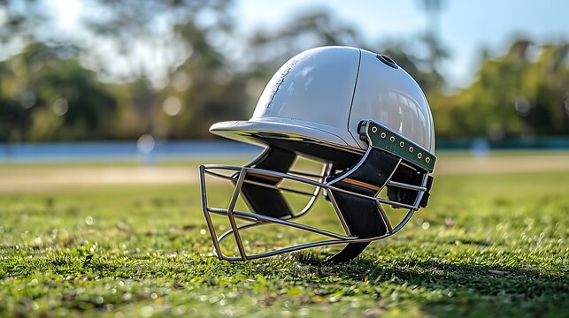 A cricket batting helmet with a robust protective grill, set against the backdrop of a lush green cricket field. The focus is on safety and precision in the sport.