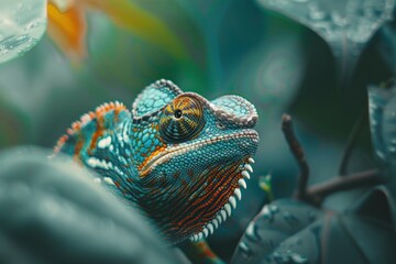 Vibrant blue and orange chameleon is camouflaged in a tropical rainforest setting