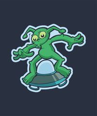 Alien Riding UFO Cartoon Design Sticker