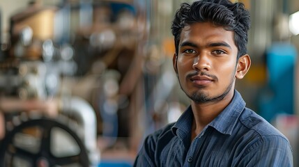 Fototapeta premium Portrait of a Confident Young Indian Man in a Factory