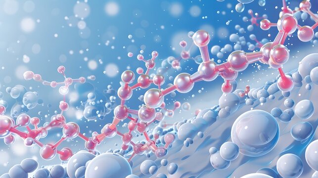 Illustration of propylene glycol molecules interacting with other compounds, dynamic visual, chemical interaction